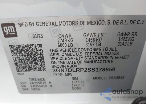 2025 Chevrolet Equinox Ev Lt из США, поврежденный, VIN 3GN7DLRP2SS178659